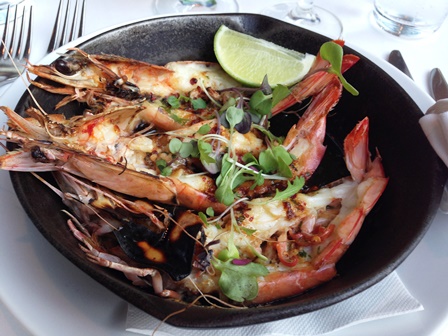 Wood roasted split prawns, dashi & garlic butter, lime (glass brasserie)