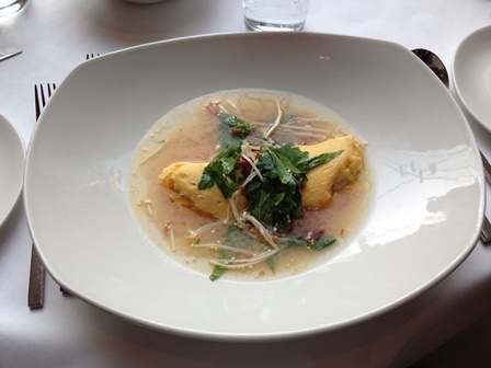 Organic egg crab omelette, enoki mushroom & herb salad, miso mustard broth (glass brasserie)